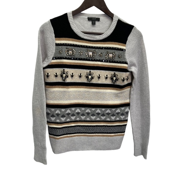 J. Crew 100% Wool Grey Long Sleeve Crew Neck Jewelled Fair Isle Sweater … - Picture 1 of 11